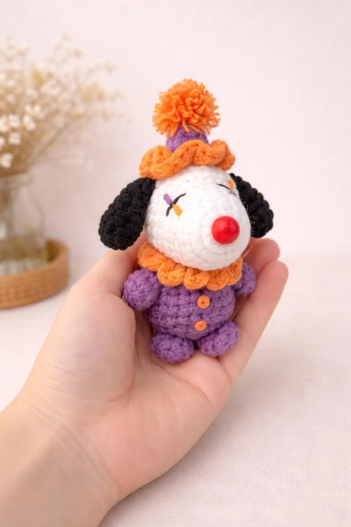 Crochet Clown Snoopy Plush, Handmade Amigurumi Dog Toy, Circus Halloween Decor