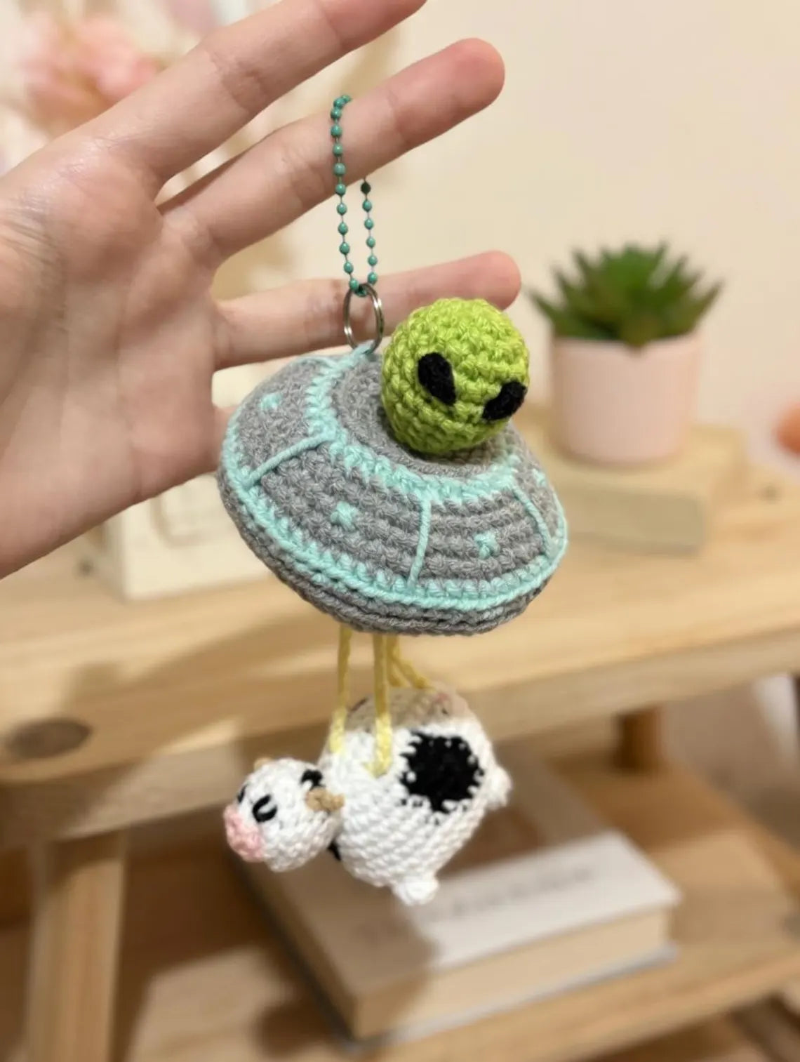 Crochet UFO Keychain, Alien Cow Abduction Charm, Amigurumi Bag Accessory, Sci-Fi Gift