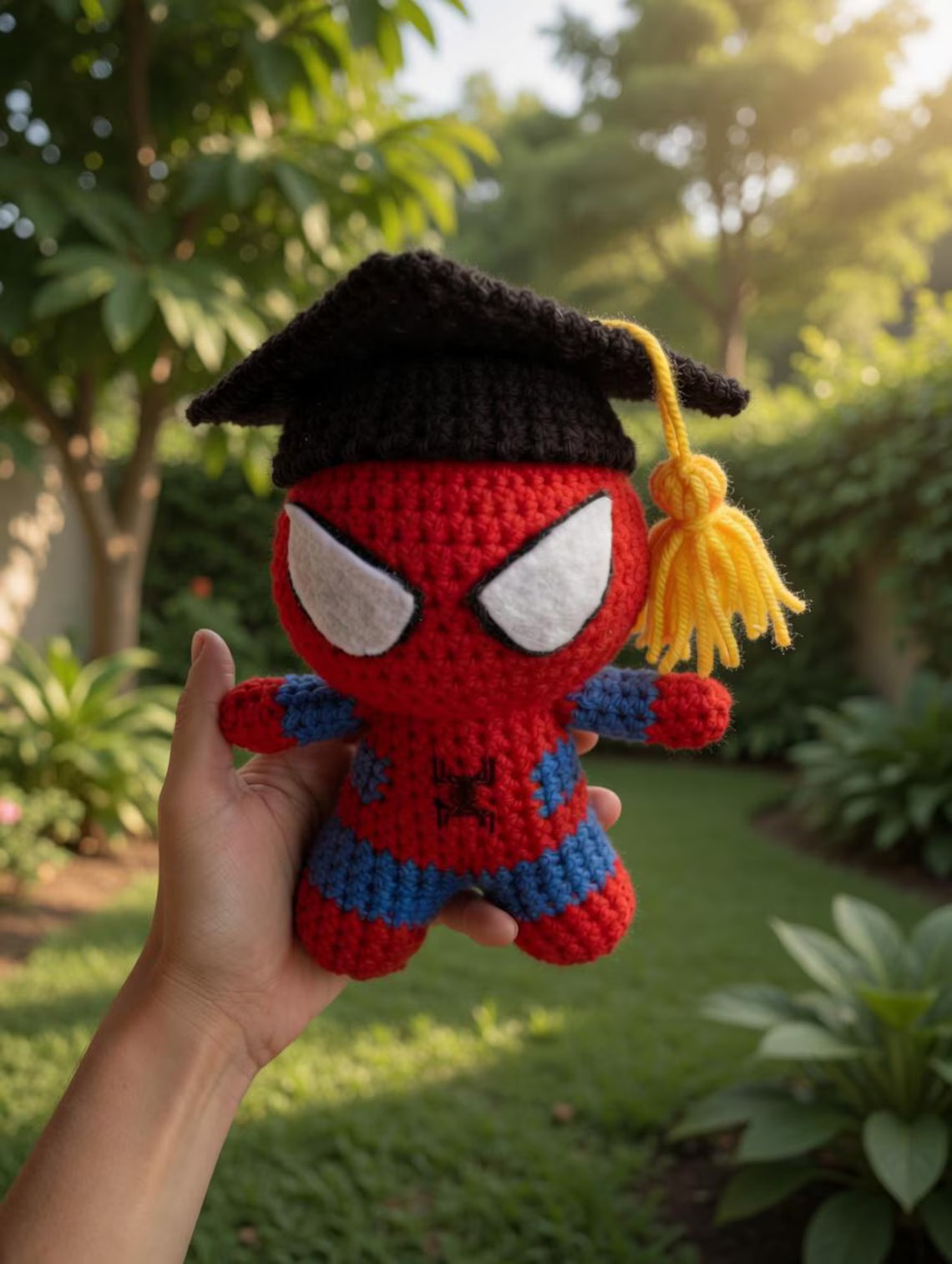 Crochet Spider-Man Graduation Doll, Handmade Superhero Amigurumi Plush, Cute Graduate Gift, Spider Man Inspired Doll