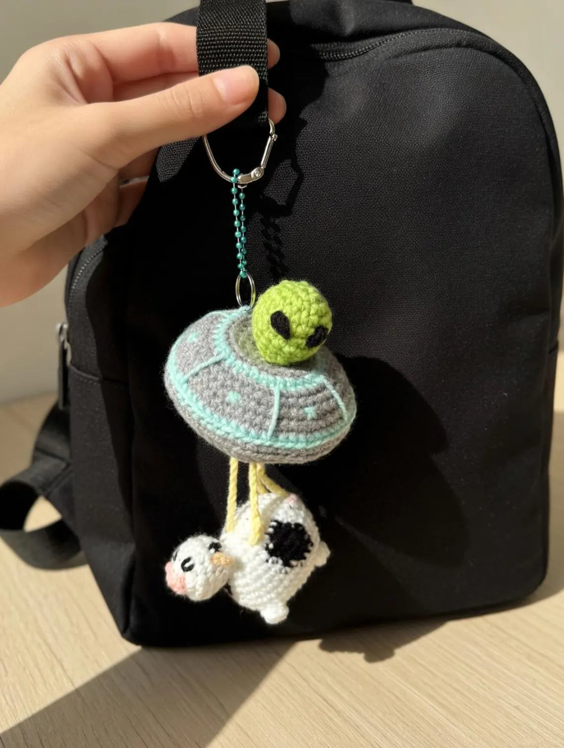 Crochet UFO Keychain, Alien Cow Abduction Charm, Amigurumi Bag Accessory, Sci-Fi Gift