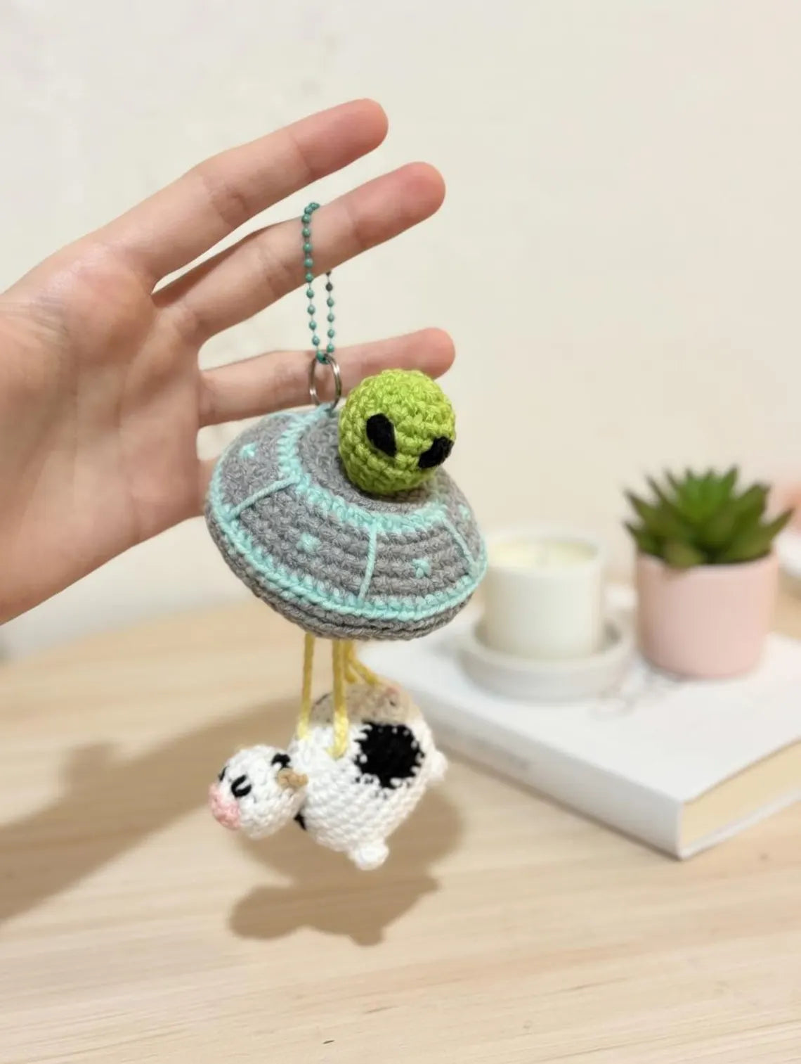Crochet UFO Keychain, Alien Cow Abduction Charm, Amigurumi Bag Accessory, Sci-Fi Gift
