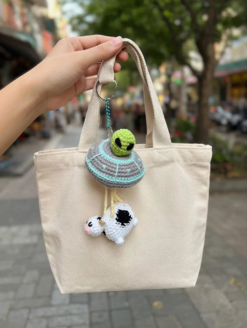 Crochet UFO Keychain, Alien Cow Abduction Charm, Amigurumi Bag Accessory, Sci-Fi Gift