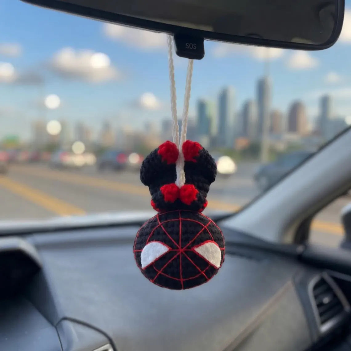 Crochet Spider-Man Car Hanging, Handmade Superhero Rearview Mirror Charm