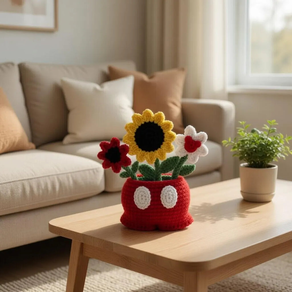 Crochet Mouse Cartoon Flower Pot, Handmade Amigurumi Flower Plant Decor, Cute Mouse Planter, Gift for Mom, Kawaii Home Decor