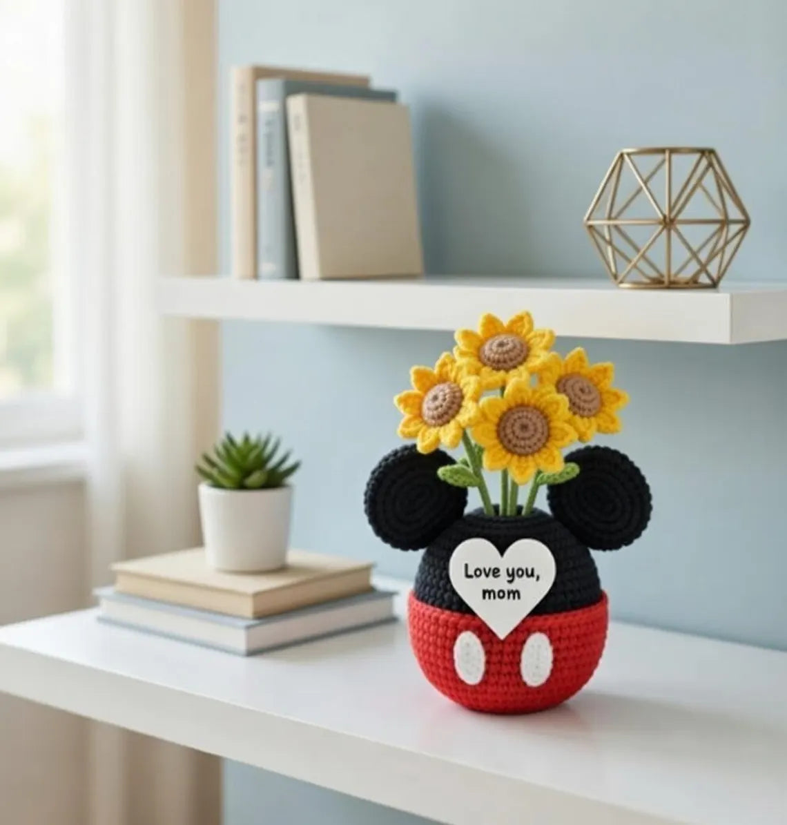 Crochet Mouse Cartoon Flower Pot, Handmade Amigurumi Flower Plant Decor, Cute Mouse Planter, Gift for Mom, Kawaii Home Decor