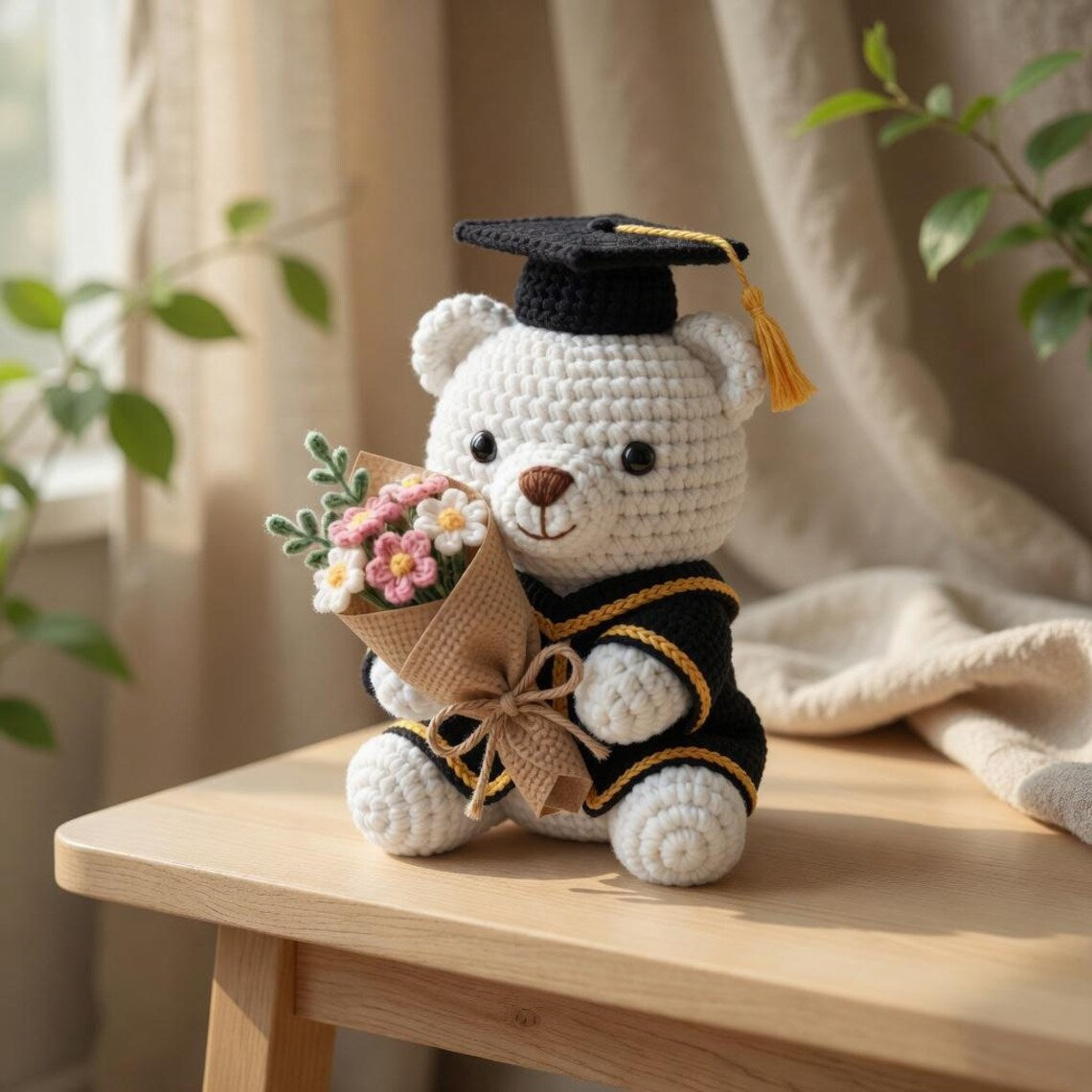Crochet Graduation Bear with Flowers, Handmade Amigurumi Bear Plush, Class of 2026 Gift, Cute Graduation Keepsake, Gift for Her