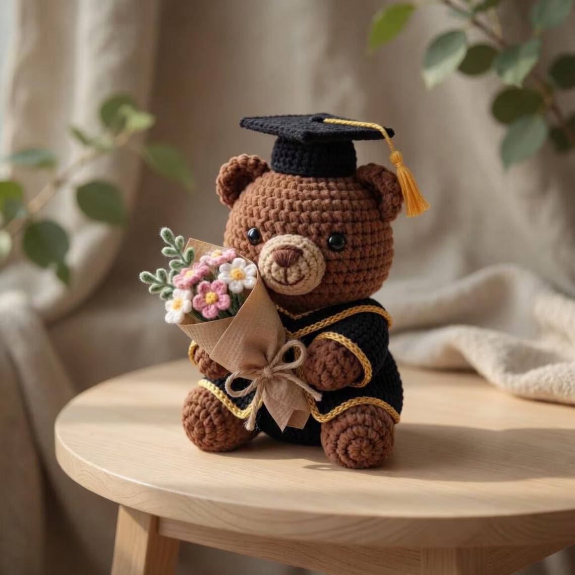 Crochet Graduation Bear with Flowers, Handmade Amigurumi Bear Plush, Class of 2026 Gift, Cute Graduation Keepsake, Gift for Her