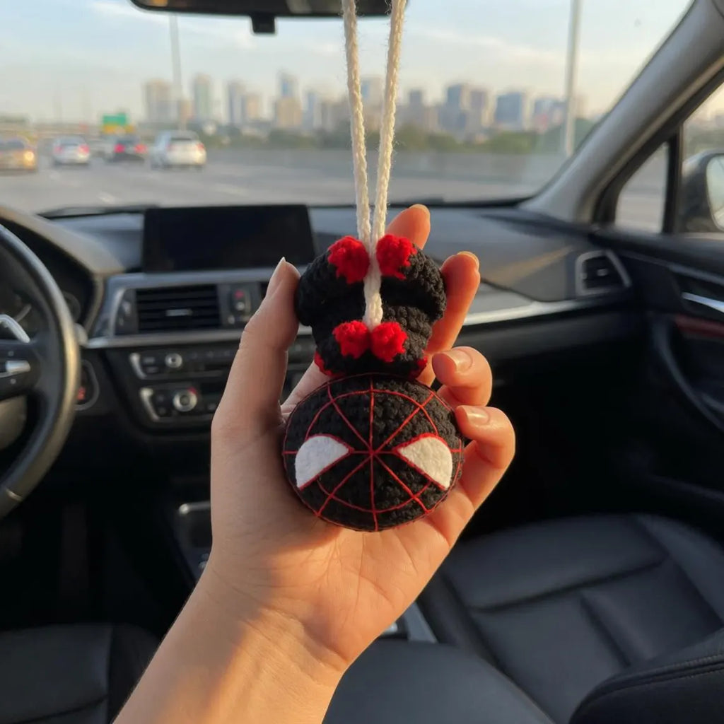 Crochet Spider-Man Car Hanging, Handmade Superhero Rearview Mirror Charm