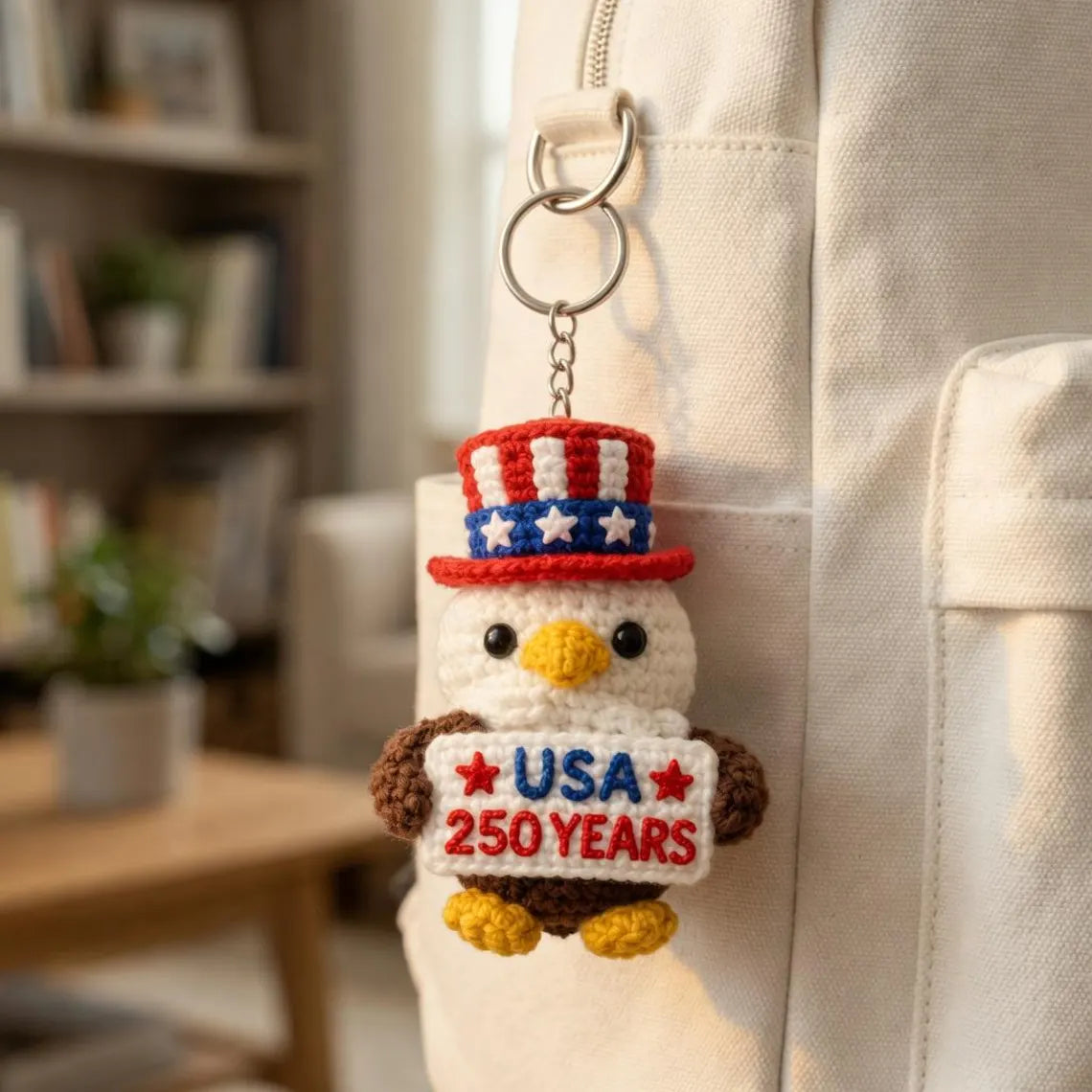 Patriotic Eagle Crochet Keychain, USA 250 Years Amigurumi Charm, July 4th American Flag Plush Keyring, Independence Day Crochet Gift