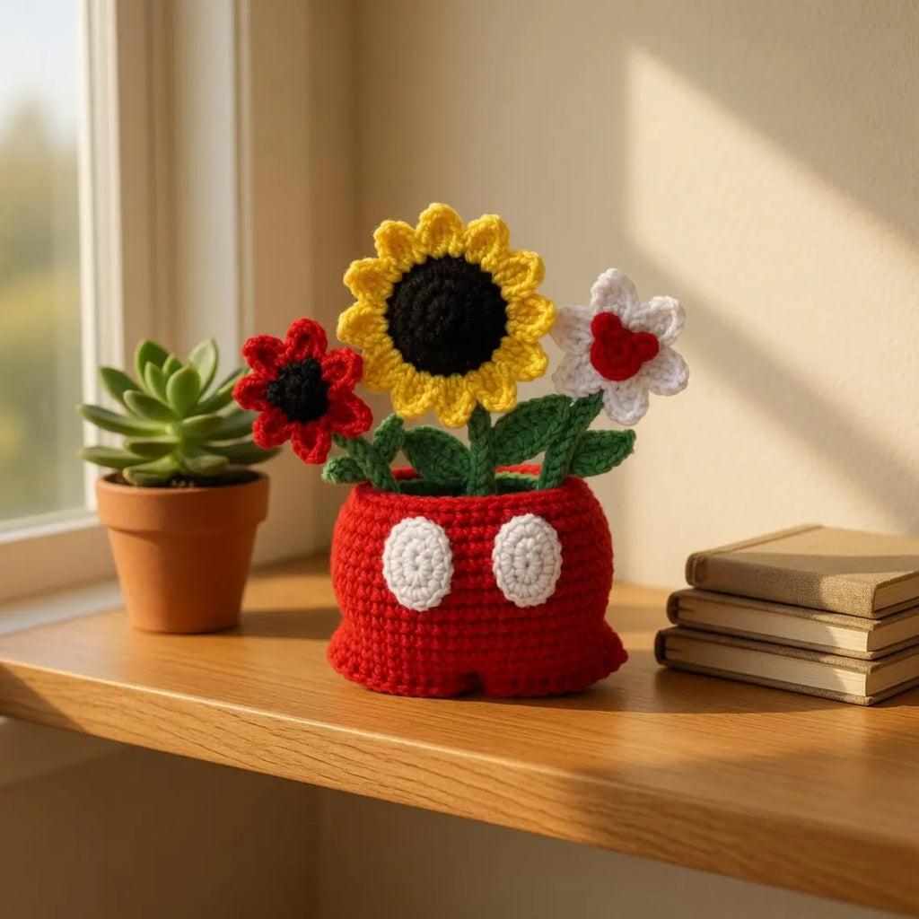 Crochet Mouse Cartoon Flower Pot, Handmade Amigurumi Flower Plant Decor, Cute Mouse Planter, Gift for Mom, Kawaii Home Decor