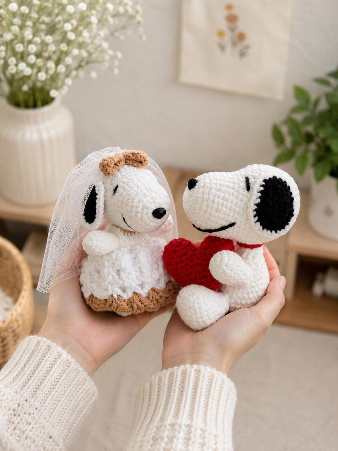 Snoopy Crochet Wedding Couple, Handmade Dog Bride and Groom Plush, Romantic Amigurumi Anniversary Gift, Cute Wedding Decor for Couples