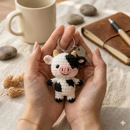 Cow Crochet Keychain, Handmade Highland Cow Plush Charm, Cute Amigurumi Farm Animal Keyring, Kawaii Cow Bag Accessory, Cow Lover Gift