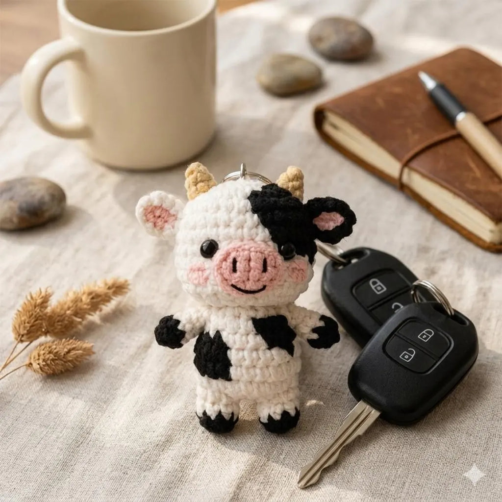 Cow Crochet Keychain, Handmade Highland Cow Plush Charm, Cute Amigurumi Farm Animal Keyring, Kawaii Cow Bag Accessory, Cow Lover Gift