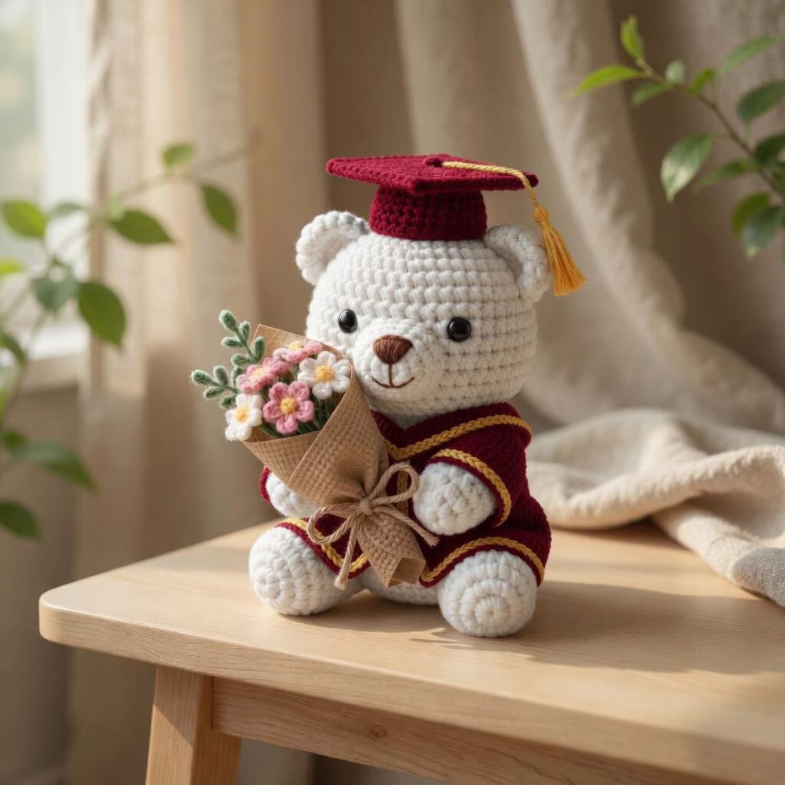 Crochet Graduation Bear with Flowers, Handmade Amigurumi Bear Plush, Class of 2026 Gift, Cute Graduation Keepsake, Gift for Her