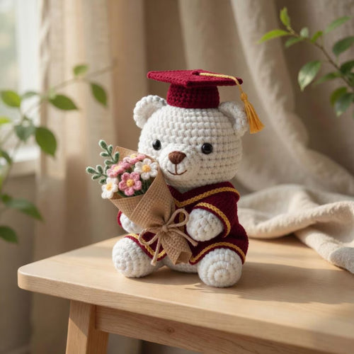 Crochet Graduation Bear with Flowers, Handmade Amigurumi Bear Plush, Class of 2026 Gift, Cute Graduation Keepsake, Gift for Her