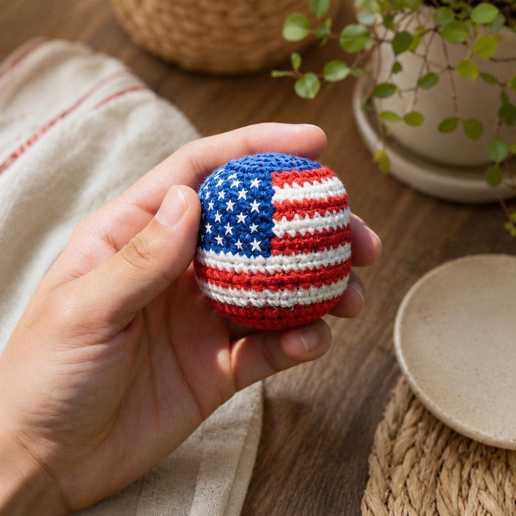 Patriotic Crochet Hacky Sack, USA Flag Footbag, Hand Crochet Juggling Ball, ADHD Fidget Toy, 90s Footbag Gift, Stress Relief Pocket Toy