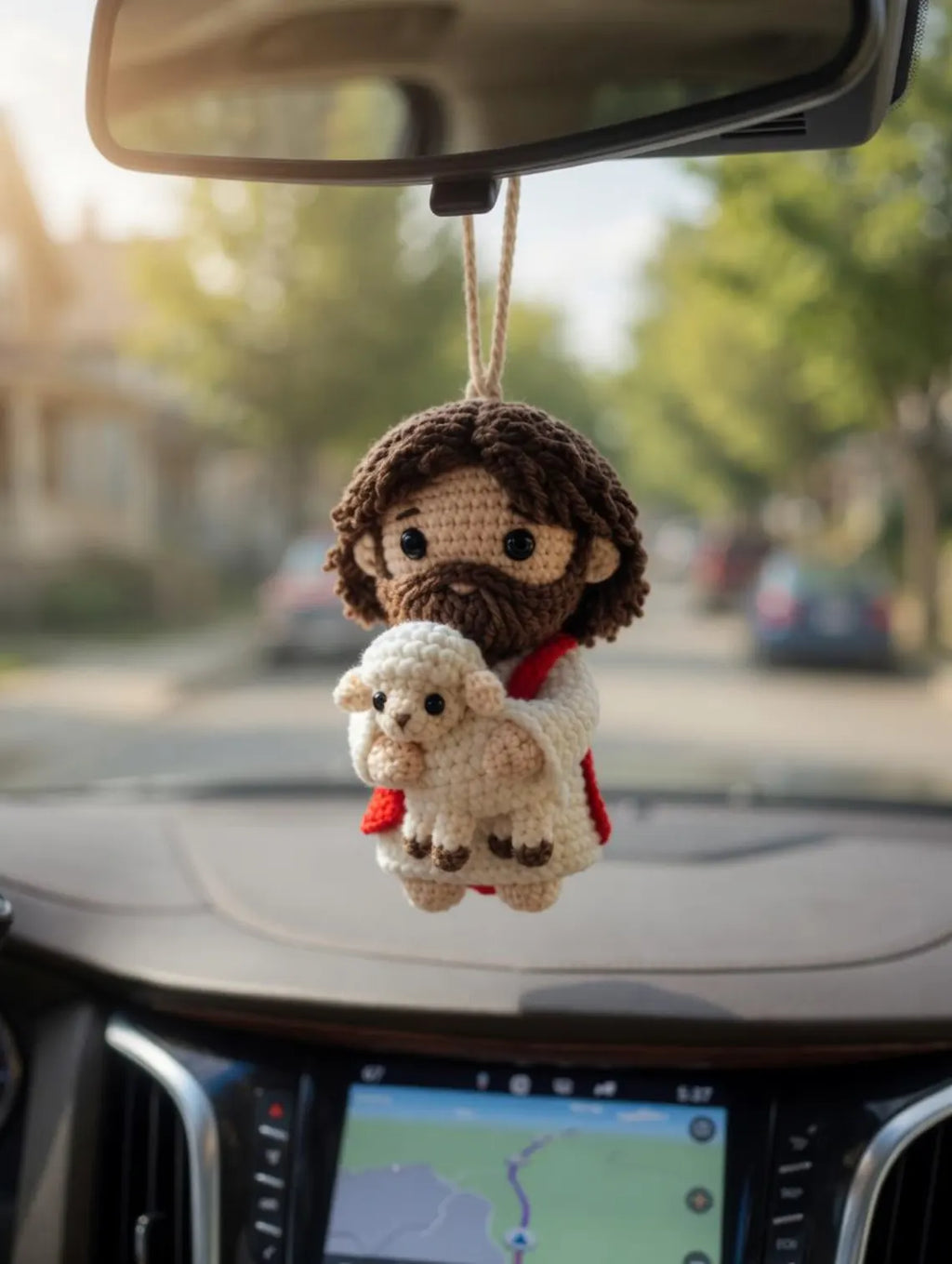 Jesus Crochet Car Hanging, Handmade Christian Rearview Mirror Charm, Jesus Holding Lamb Amigurumi Decor, Religious Car Accessory Gift