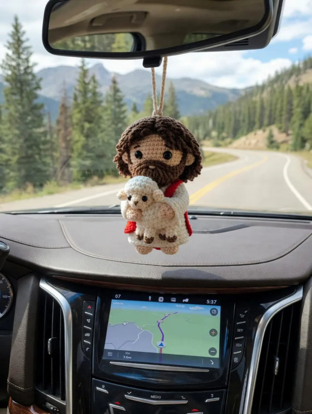 Jesus Crochet Car Hanging, Handmade Christian Rearview Mirror Charm, Jesus Holding Lamb Amigurumi Decor, Religious Car Accessory Gift
