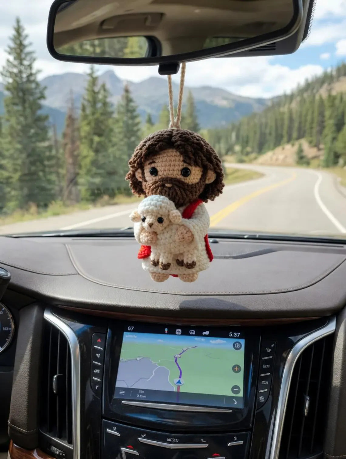 Jesus Crochet Car Hanging, Handmade Christian Rearview Mirror Charm, Jesus Holding Lamb Amigurumi Decor, Religious Car Accessory Gift