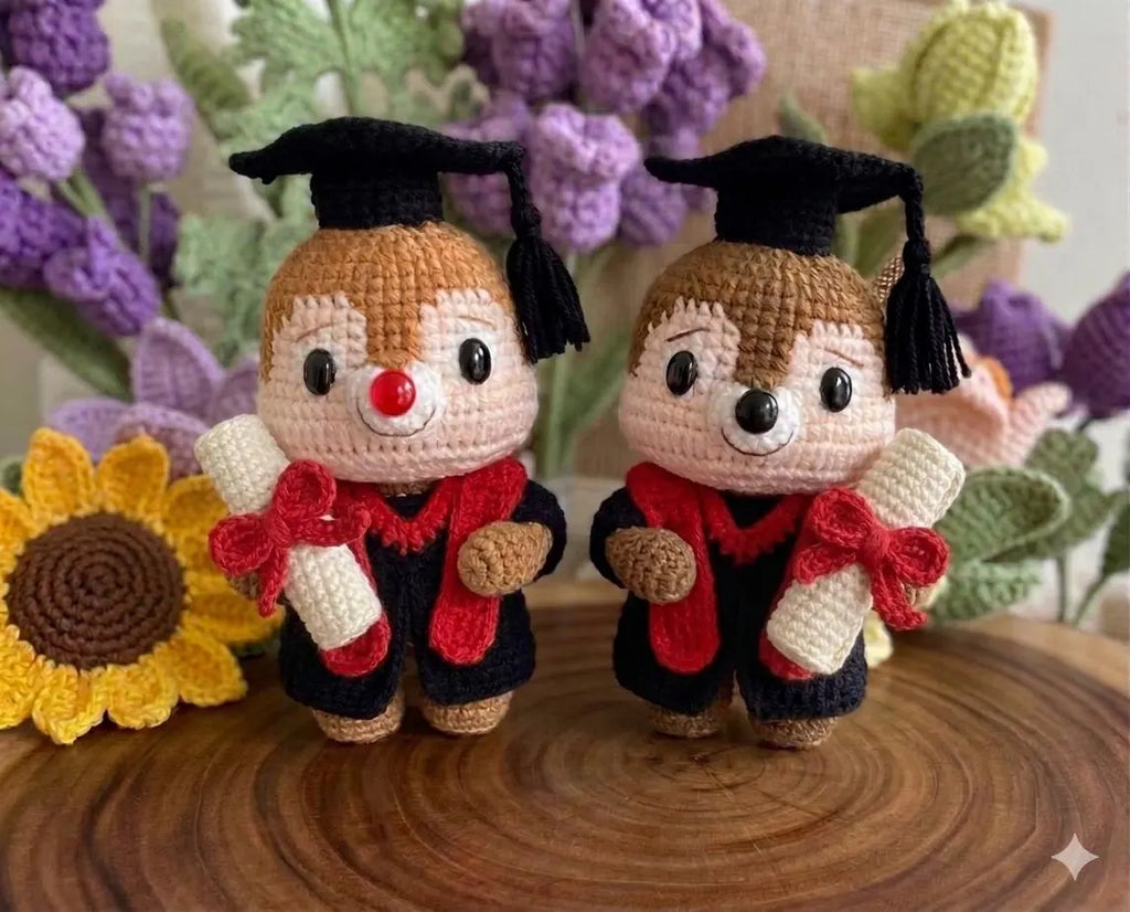 Chip and Dale Graduation Crochet Plush, Cute Chipmunk Graduate Doll, Squirrel Plushie, Senior Graduation Gift, Class of 2026 Keepsake