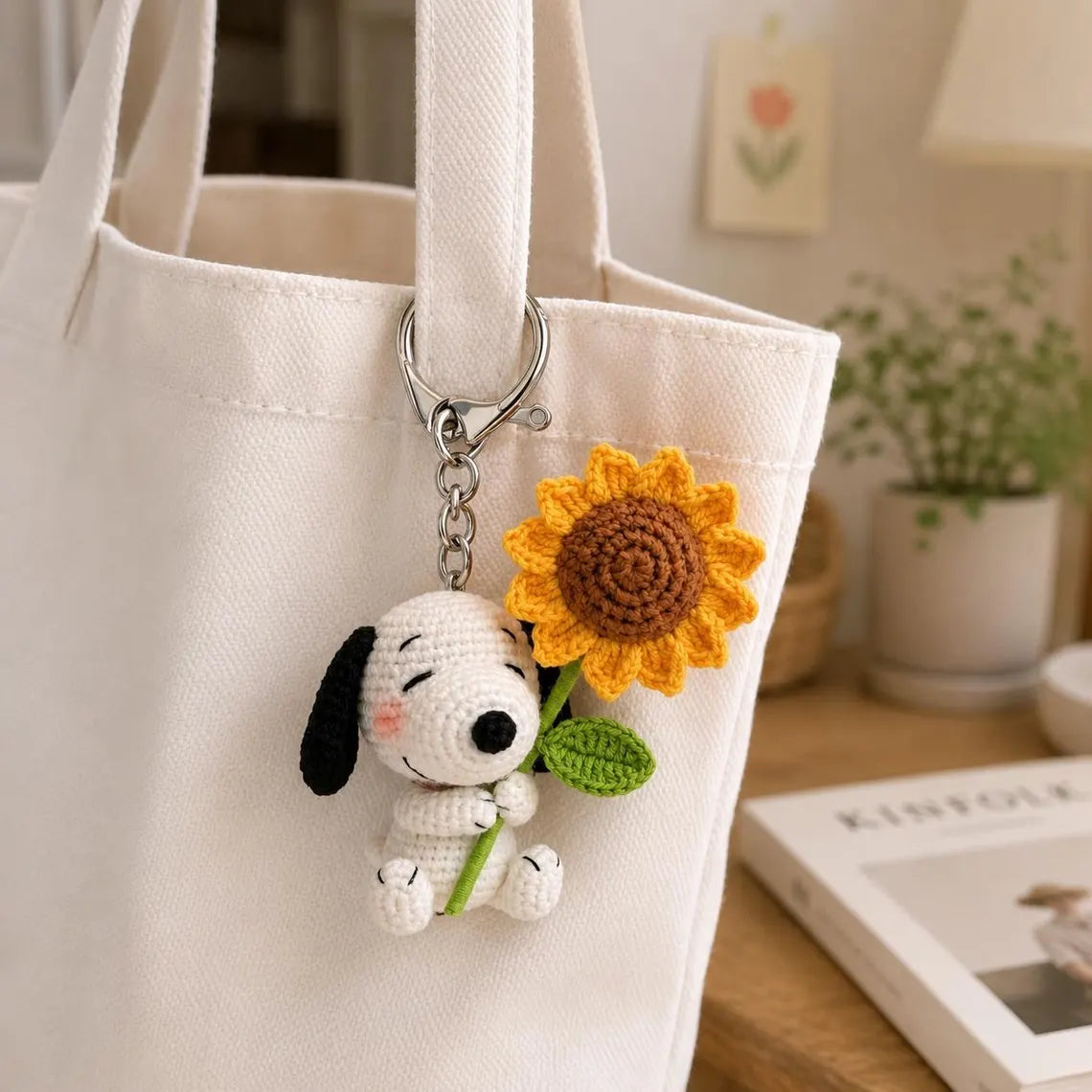 Snoopy Keychain, Sunflower Crochet Flower Bag, Cute Snoopy Crochet Plushie, Handmade Knit Tote Purse, Aesthetic Cottagecore Gifts for Her