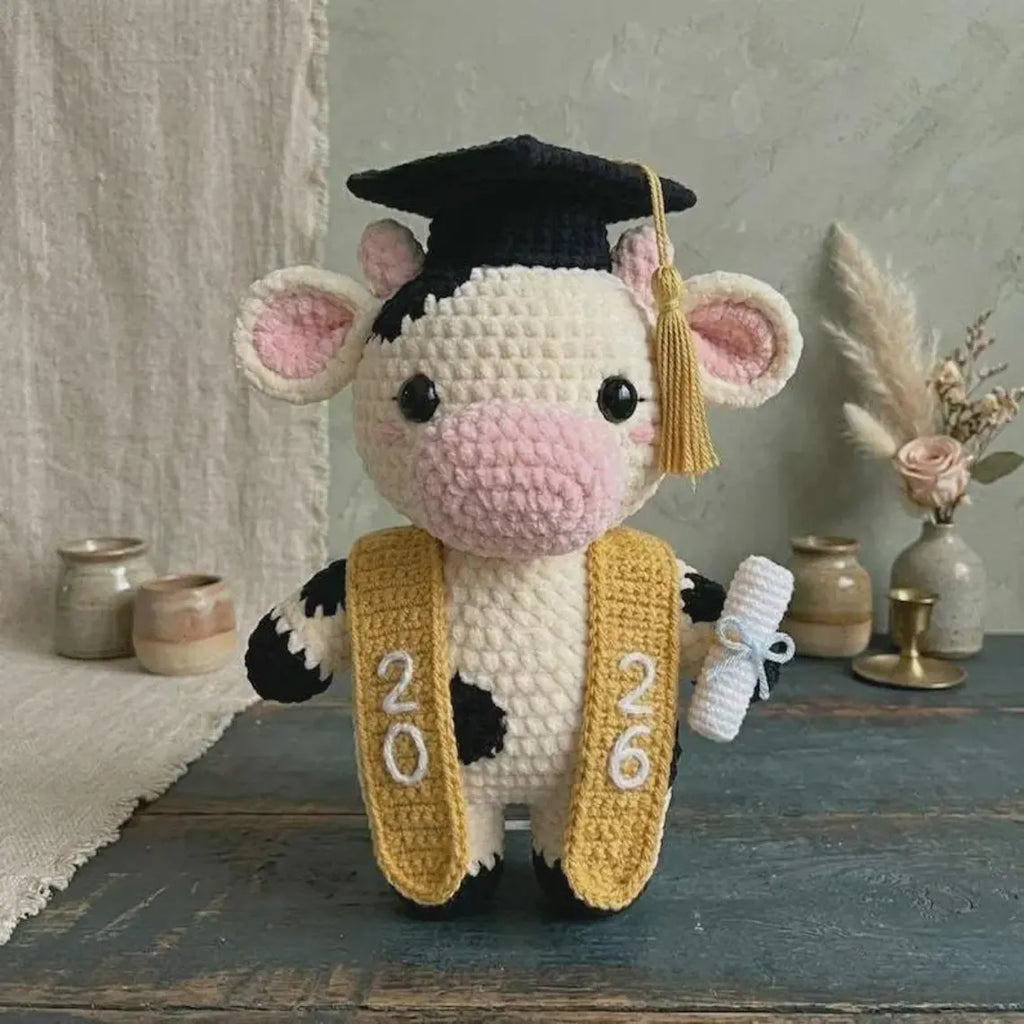 Graduation Cow Crochet Plush, 2026 Graduate Amigurumi Cow Doll, Handmade Graduation Gift, Cow Plushie With Cap & Diploma, Keepsake Gift