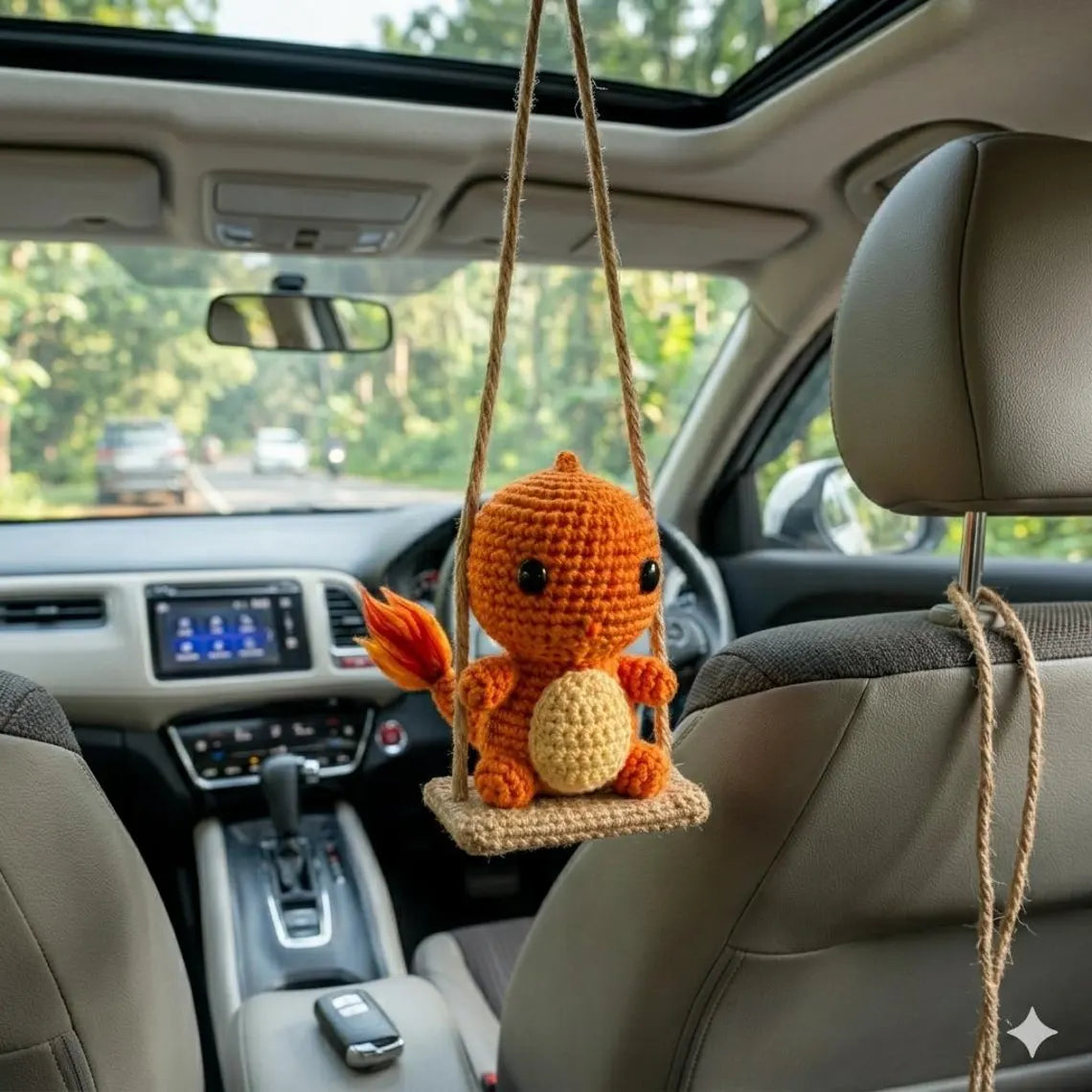 Pokem0n Crochet Car Hanging, Charmander Car Charm, Pokem0n Rearview Mirror Decor, Handmade Crochet Car Accessory, Anime Gift