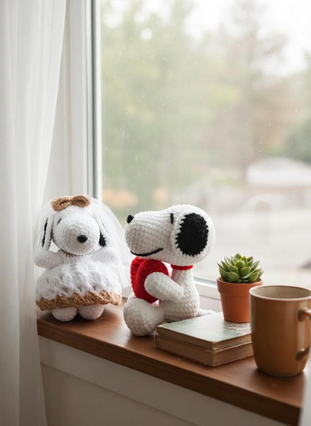 Snoopy Crochet Wedding Couple, Handmade Dog Bride and Groom Plush, Romantic Amigurumi Anniversary Gift, Cute Wedding Decor for Couples