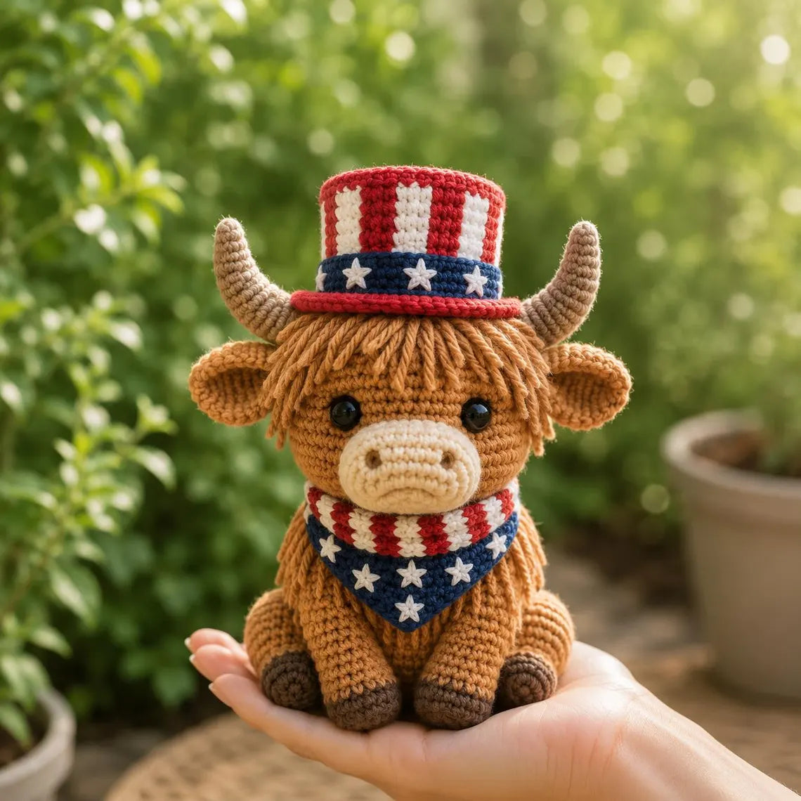 Patriotic Highland Cow Crochet Plush, July 4th Crochet Cow, Highland Cow Plushie, American Decor, Handmade Gift