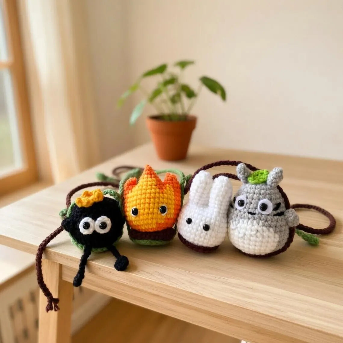 Anime Crochet Car Hanging, Studio Ghibli Inspired Car Charm, Totoro Soot Sprite Swing Decor, Rear View Mirror Accessory, Handmade Gift