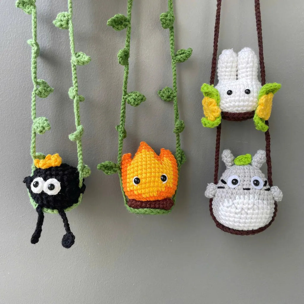 Anime Crochet Car Hanging, Studio Ghibli Inspired Car Charm, Totoro Soot Sprite Swing Decor, Rear View Mirror Accessory, Handmade Gift