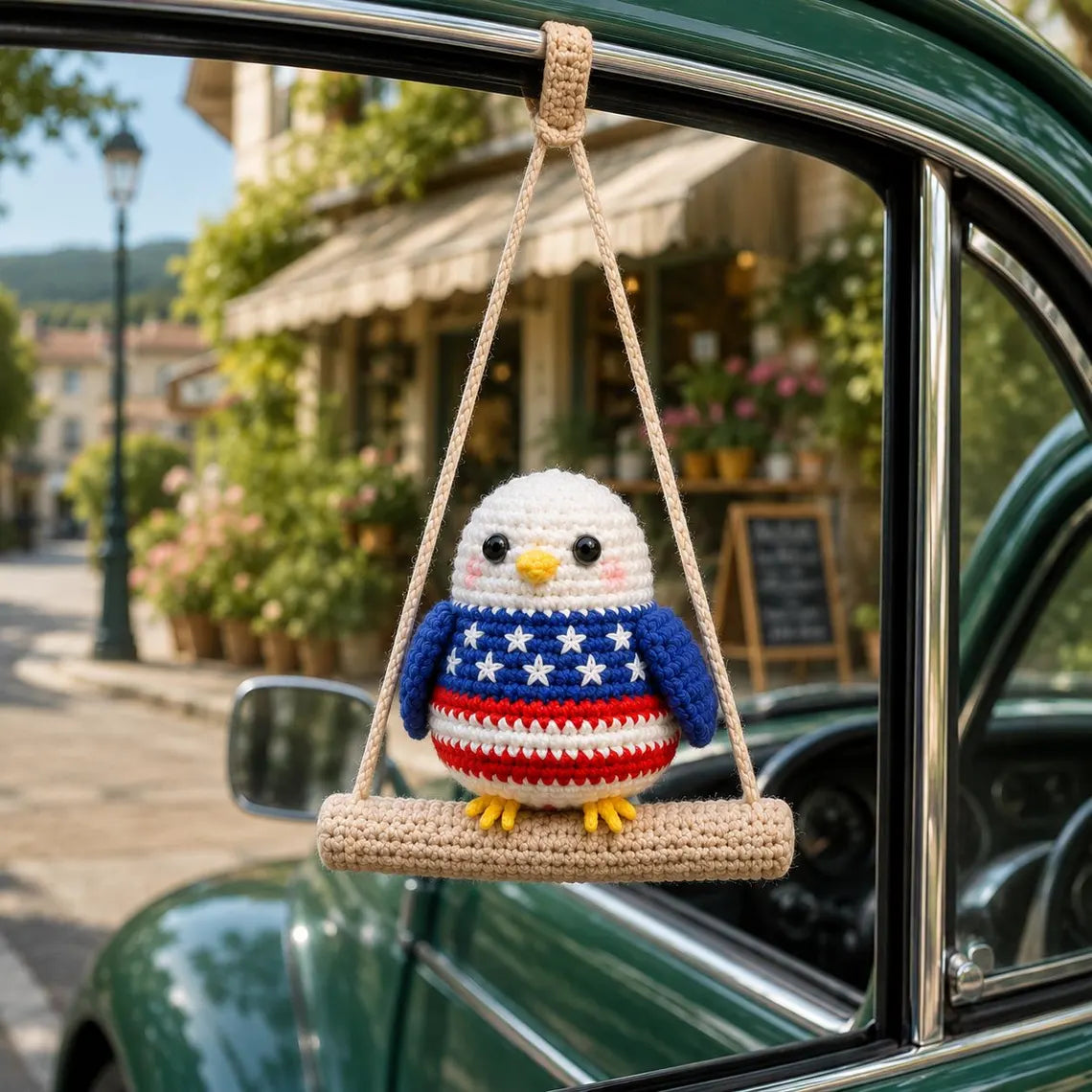 Patriotic Eagle Crochet Car Hanging, American Eagle Car Charm, USA Independence Day Decor, Fourth of July Crochet Ornament, America 250 Gift