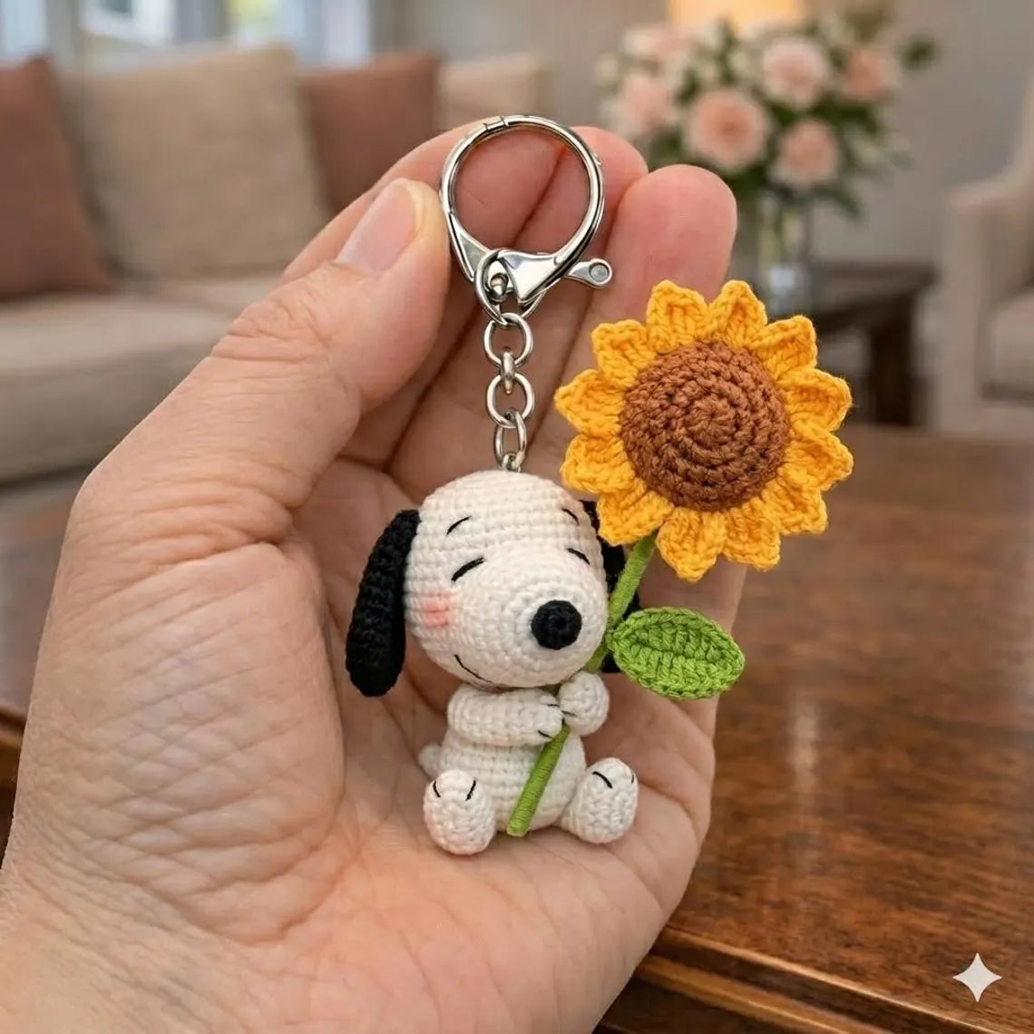 Snoopy Keychain, Sunflower Crochet Flower Bag, Cute Snoopy Crochet Plushie, Handmade Knit Tote Purse, Aesthetic Cottagecore Gifts for Her