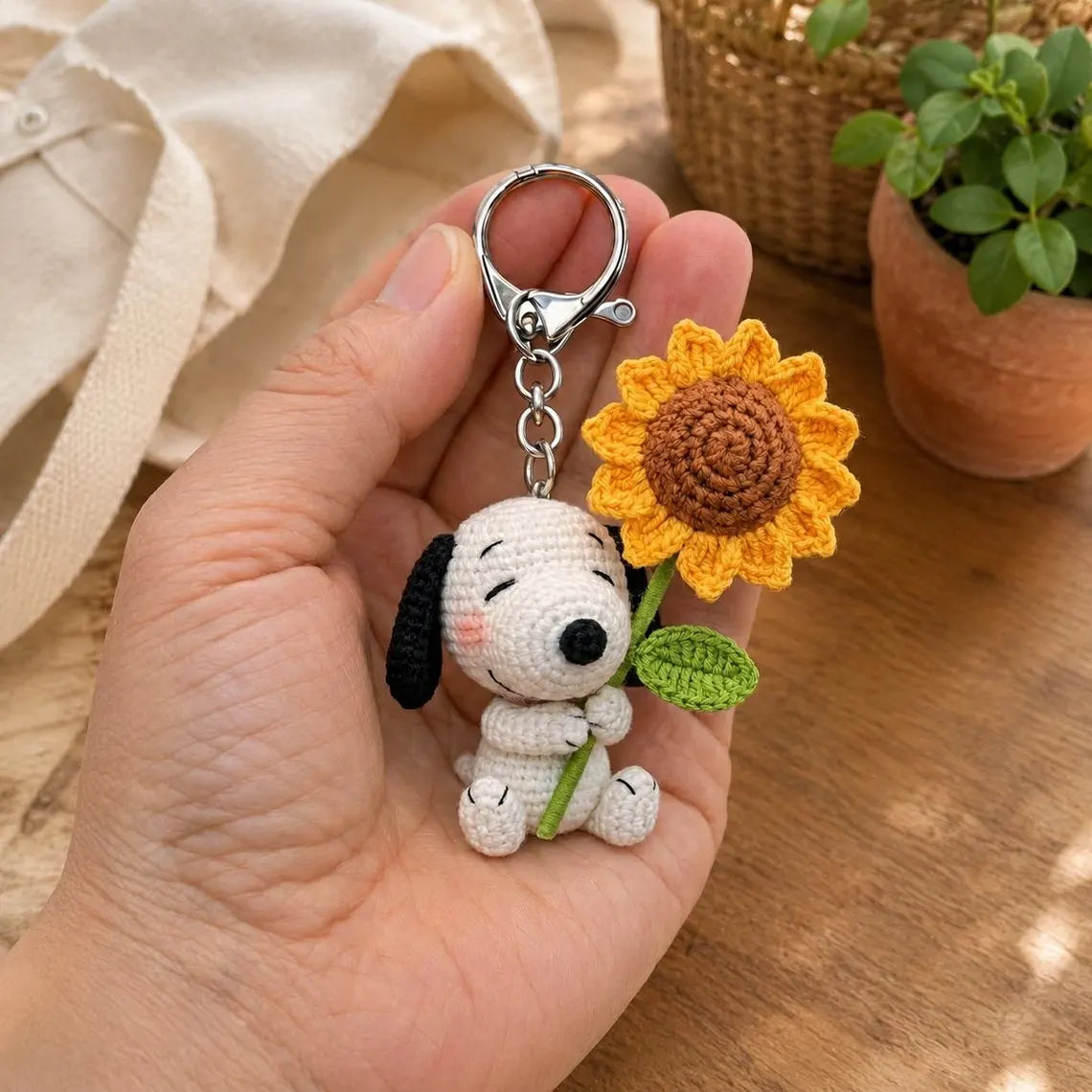 Snoopy Keychain, Sunflower Crochet Flower Bag, Cute Snoopy Crochet Plushie, Handmade Knit Tote Purse, Aesthetic Cottagecore Gifts for Her
