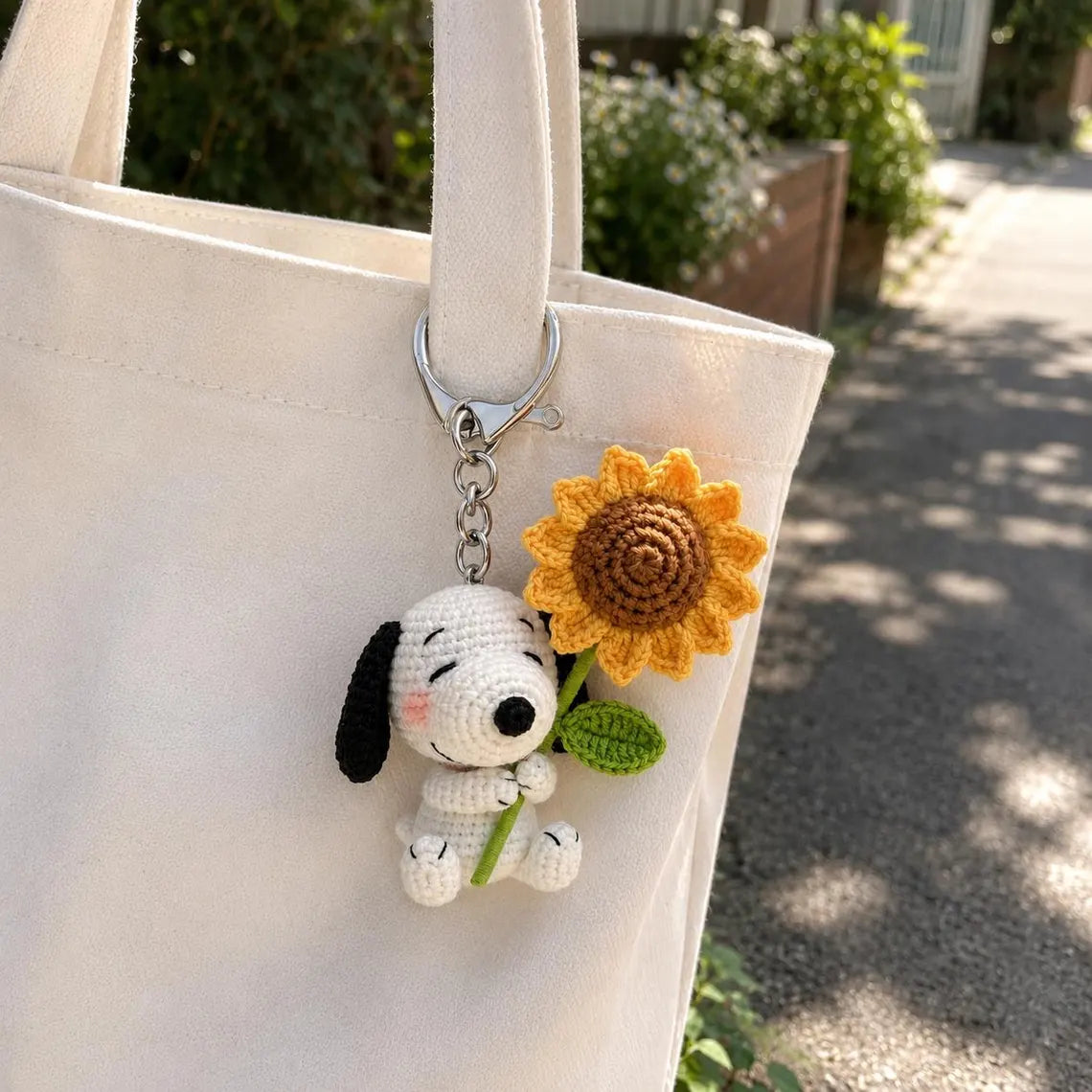 Snoopy Keychain, Sunflower Crochet Flower Bag, Cute Snoopy Crochet Plushie, Handmade Knit Tote Purse, Aesthetic Cottagecore Gifts for Her