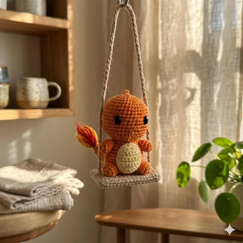 Pokem0n Crochet Car Hanging, Charmander Car Charm, Pokem0n Rearview Mirror Decor, Handmade Crochet Car Accessory, Anime Gift