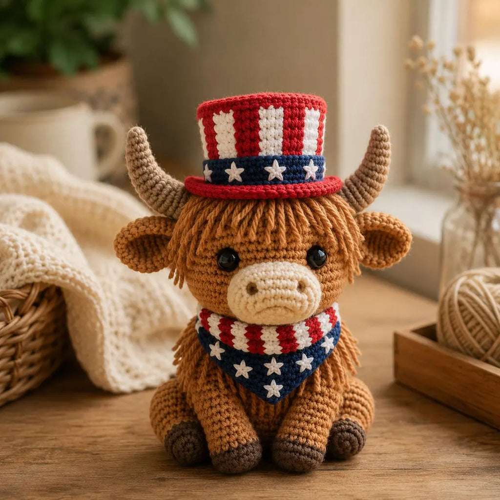 Patriotic Highland Cow Crochet Plush, July 4th Crochet Cow, Highland Cow Plushie, American Decor, Handmade Gift