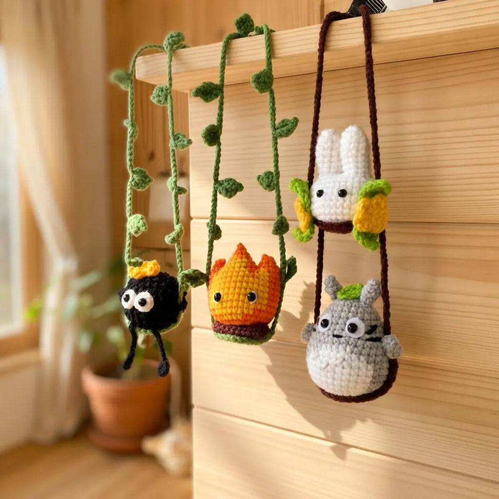 Anime Crochet Car Hanging, Studio Ghibli Inspired Car Charm, Totoro Soot Sprite Swing Decor, Rear View Mirror Accessory, Handmade Gift