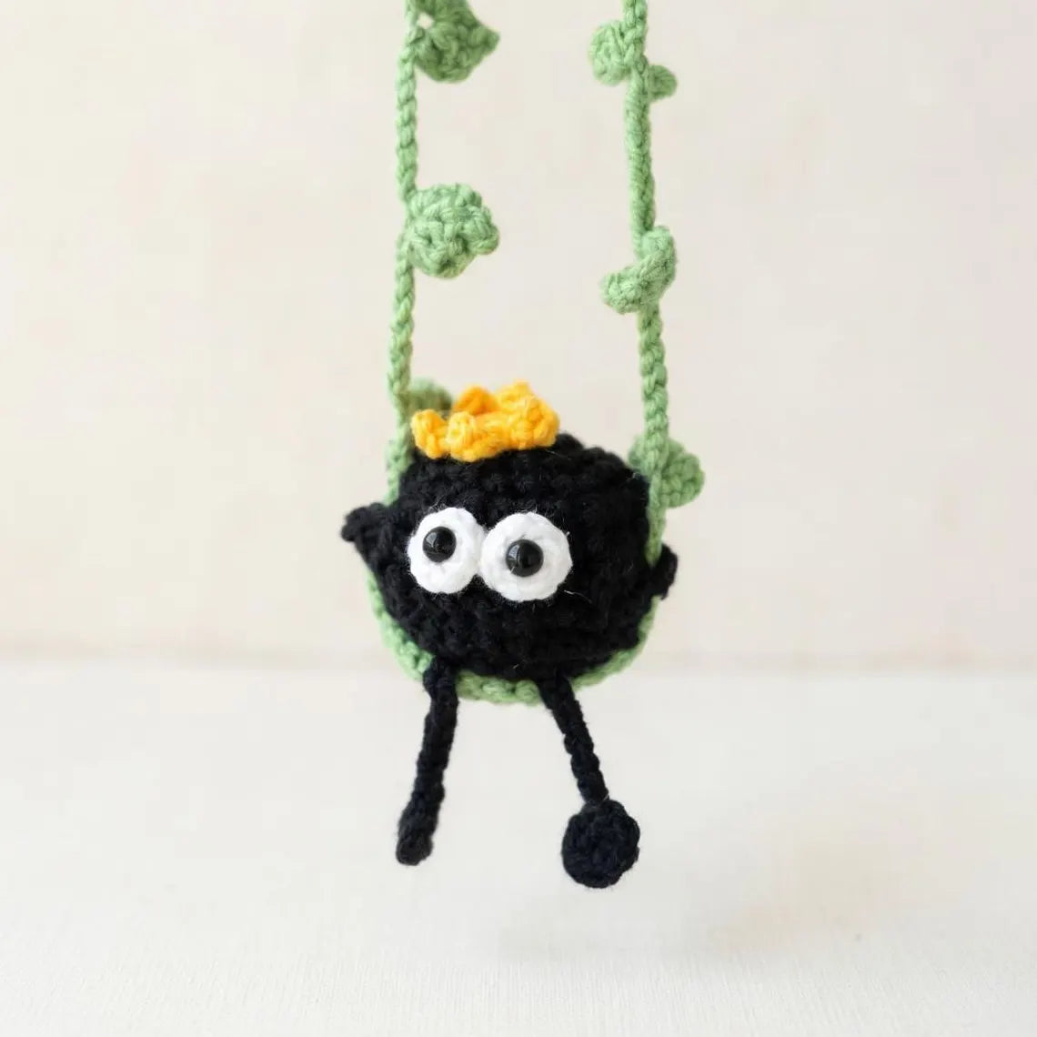 Anime Crochet Car Hanging, Studio Ghibli Inspired Car Charm, Totoro Soot Sprite Swing Decor, Rear View Mirror Accessory, Handmade Gift