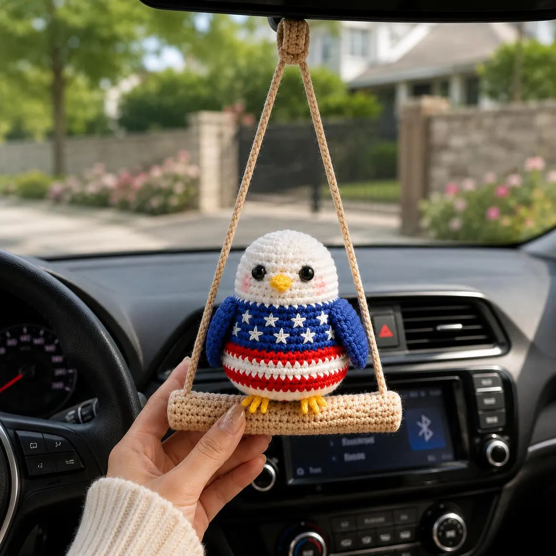 Patriotic Eagle Crochet Car Hanging, American Eagle Car Charm, USA Independence Day Decor, Fourth of July Crochet Ornament, America 250 Gift