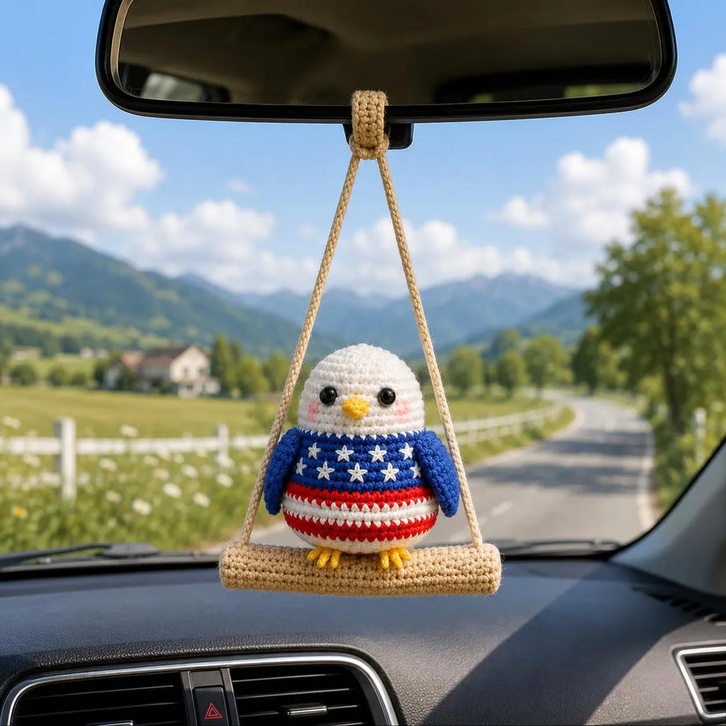 Patriotic Eagle Crochet Car Hanging, American Eagle Car Charm, USA Independence Day Decor, Fourth of July Crochet Ornament, America 250 Gift