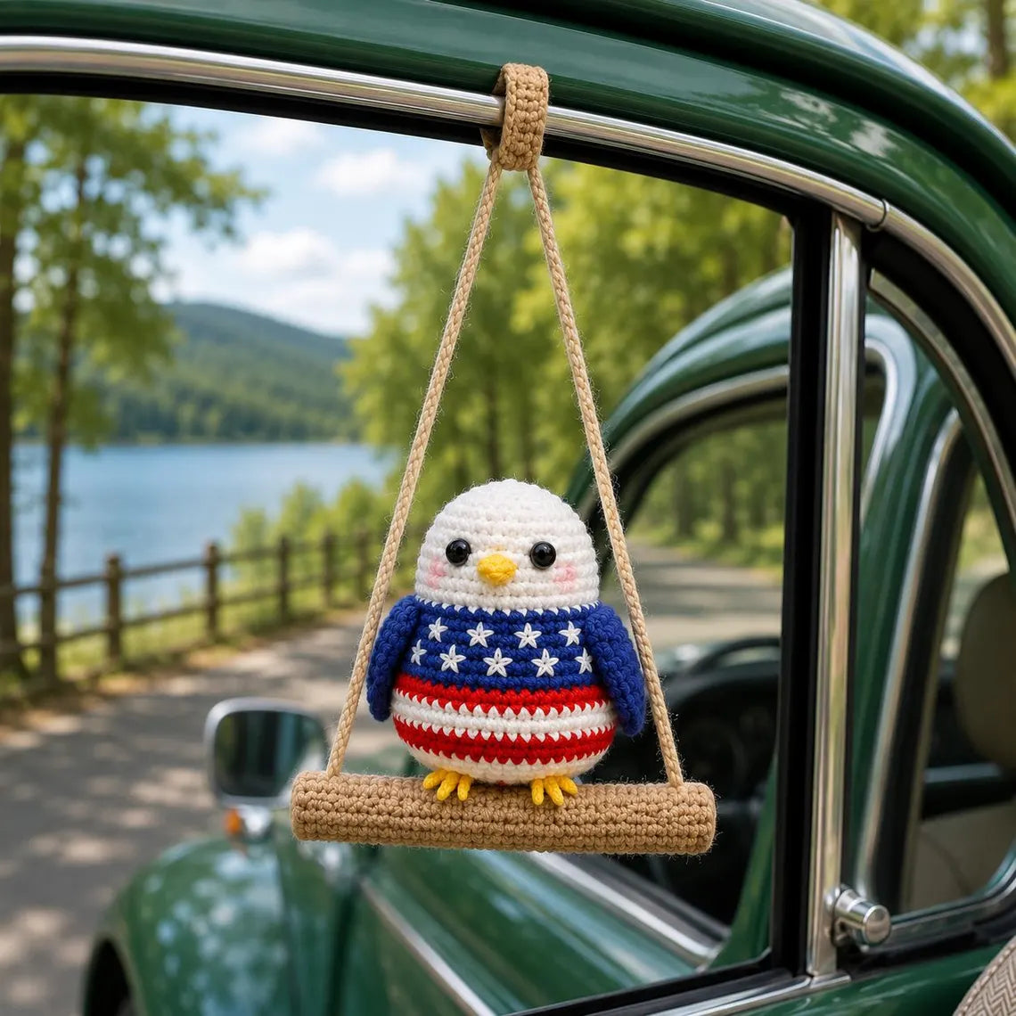 Patriotic Eagle Crochet Car Hanging, American Eagle Car Charm, USA Independence Day Decor, Fourth of July Crochet Ornament, America 250 Gift
