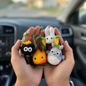 Anime Crochet Car Hanging, Studio Ghibli Inspired Car Charm, Totoro Soot Sprite Swing Decor, Rear View Mirror Accessory, Handmade Gift
